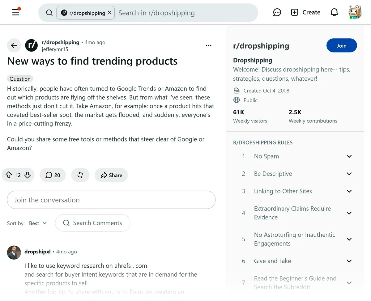 r/dropshipping subreddit, which ranks for 'trending products' in Google