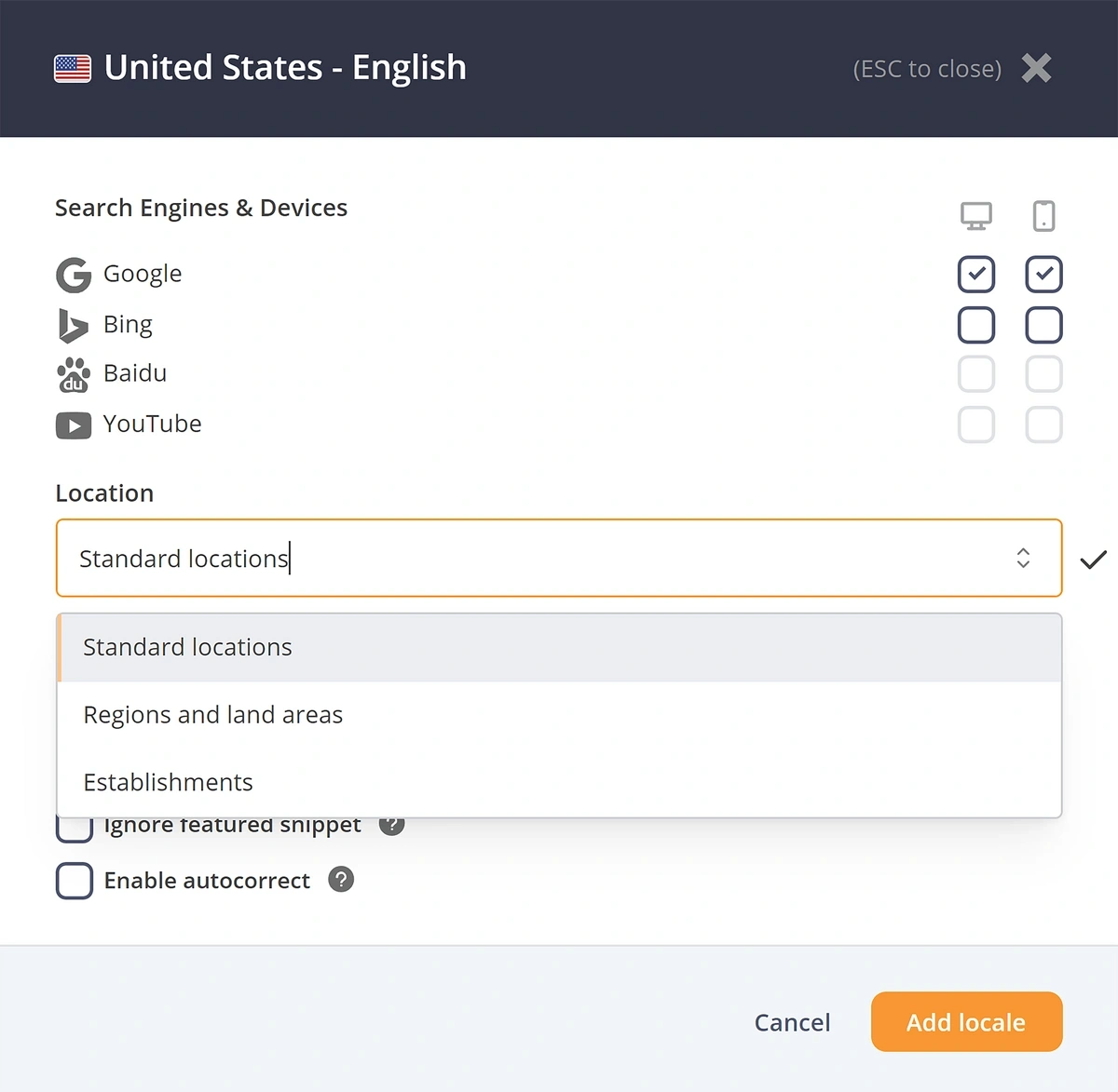 accuranker location dropdown