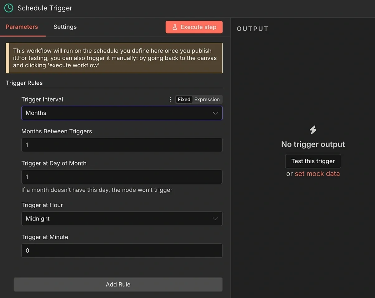 Parameter setup for the trigger