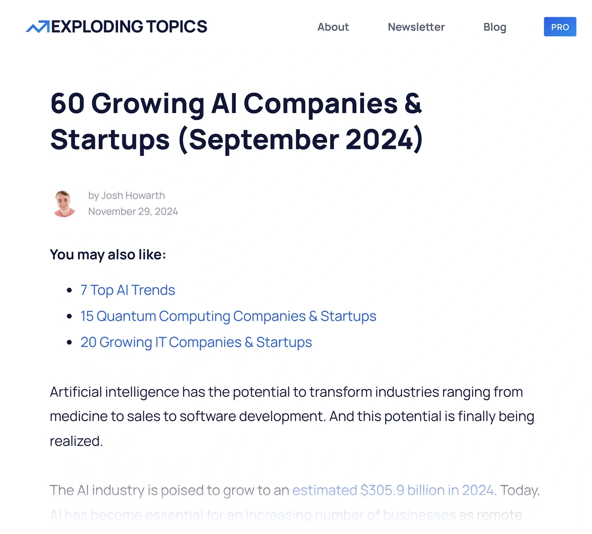 Exploding Topics AI startups post