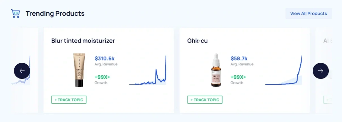 The Trending Products section of the Exploding Topics dashboard.