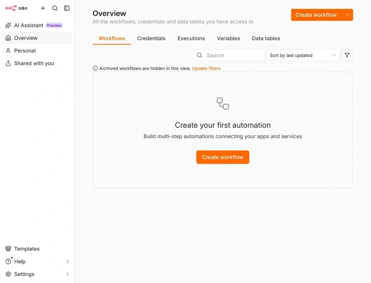 Creating a new workflow in n8n