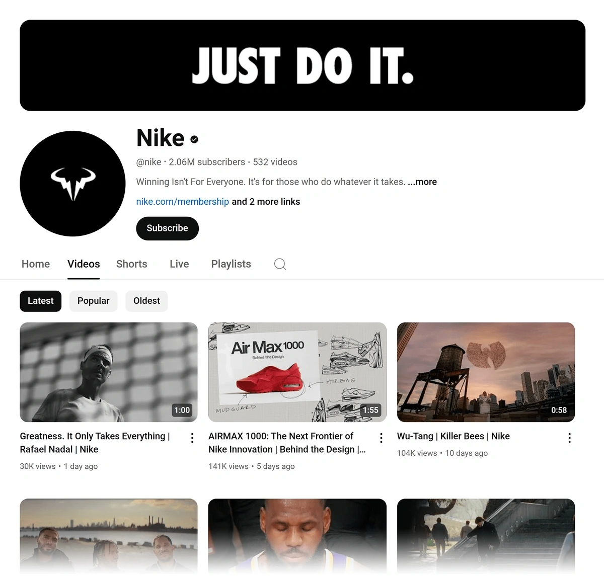 Nike YouTube channel