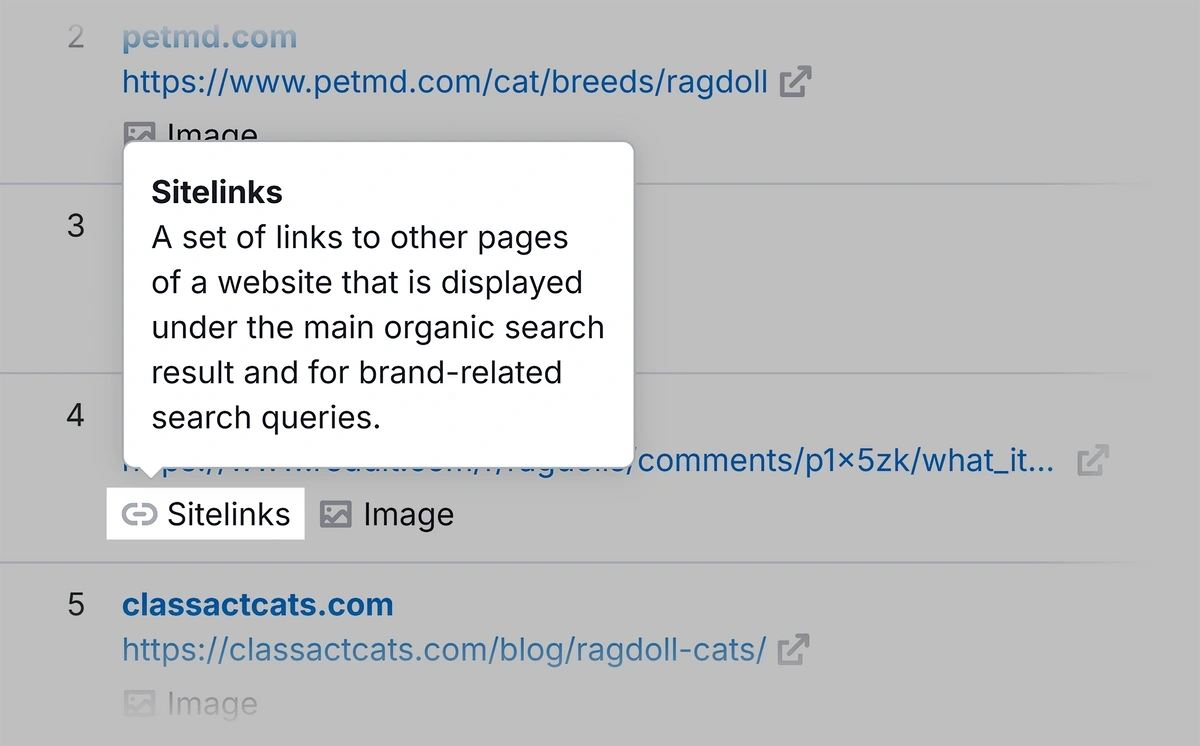 Viewing the Sitelinks definition in the SERP Analysis section of the Keyword Overview tool in Semrush