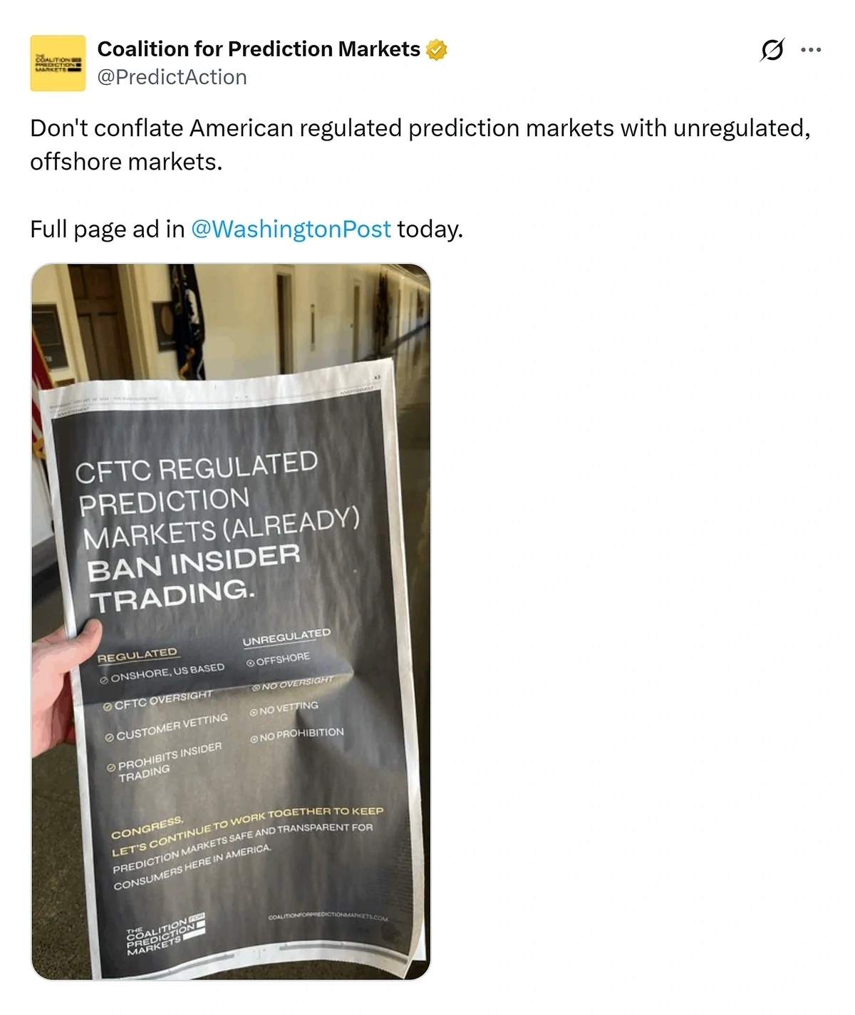 Kalshi-backed ad stressing the importance of CFTC regulation, which Polymarket lacks