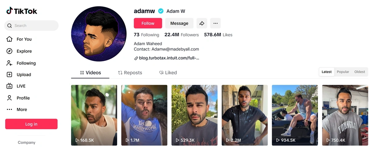 Screenshot of Adam W's TikTok page