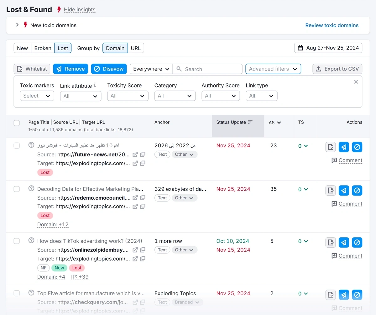 Viewing lost backlinks in Semrush Backlink Audit