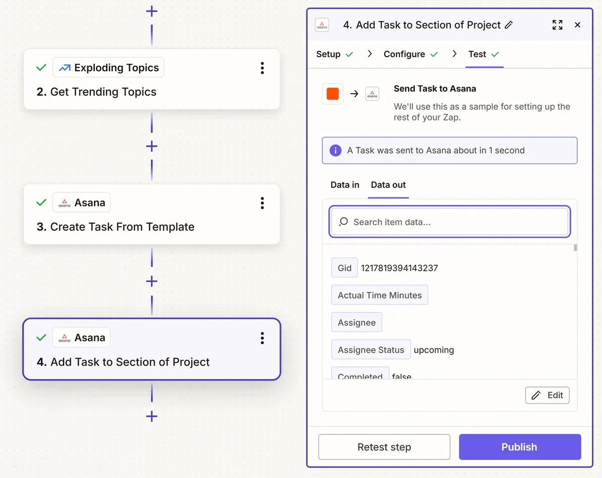 Publishing a Zapier workflow to create auto-generated topic ideas from Exploding Topics in Asana