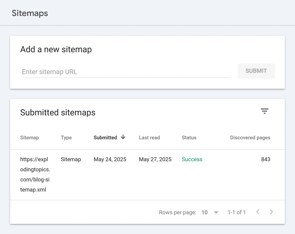 The Google Search Console sitemap upload interface displays a success message next to a submitted sitemap.