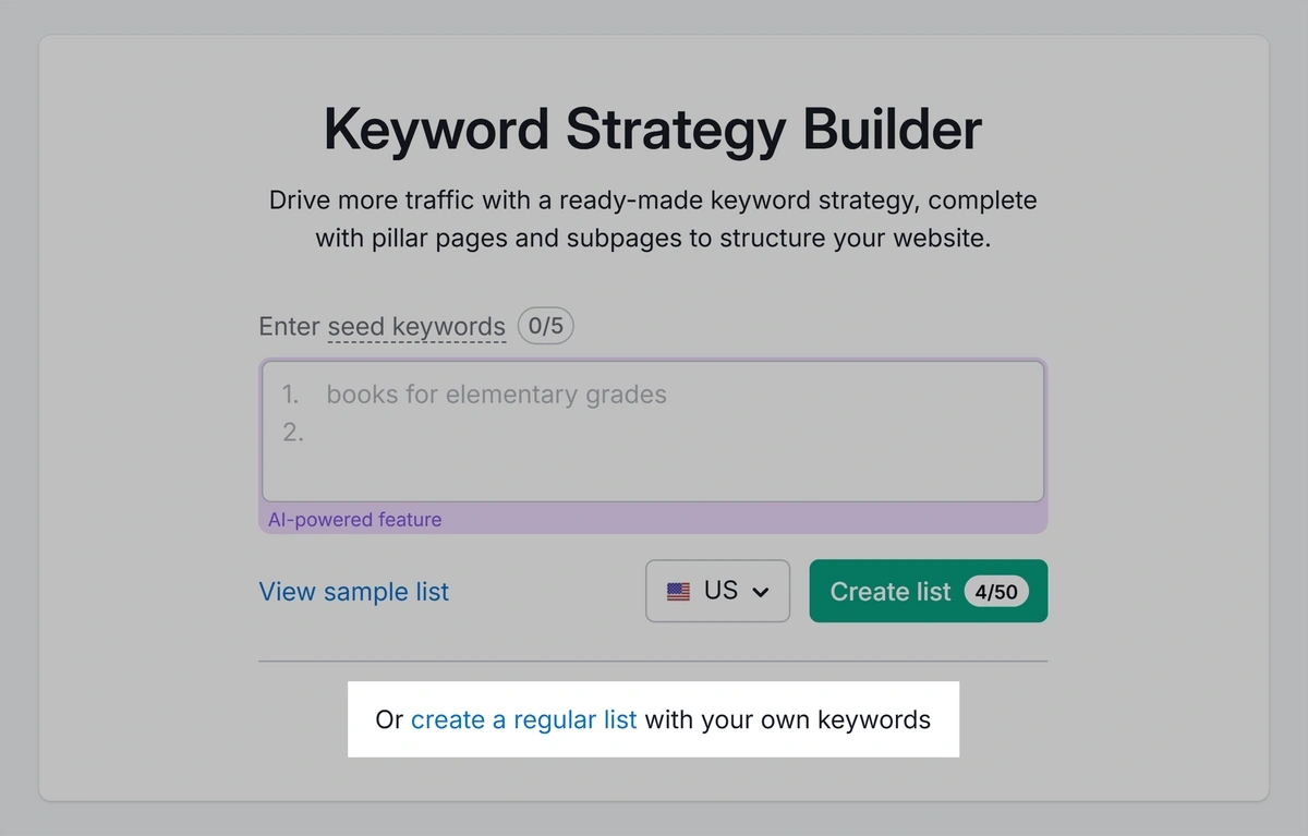 Manually creating a keyword list in Semrush
