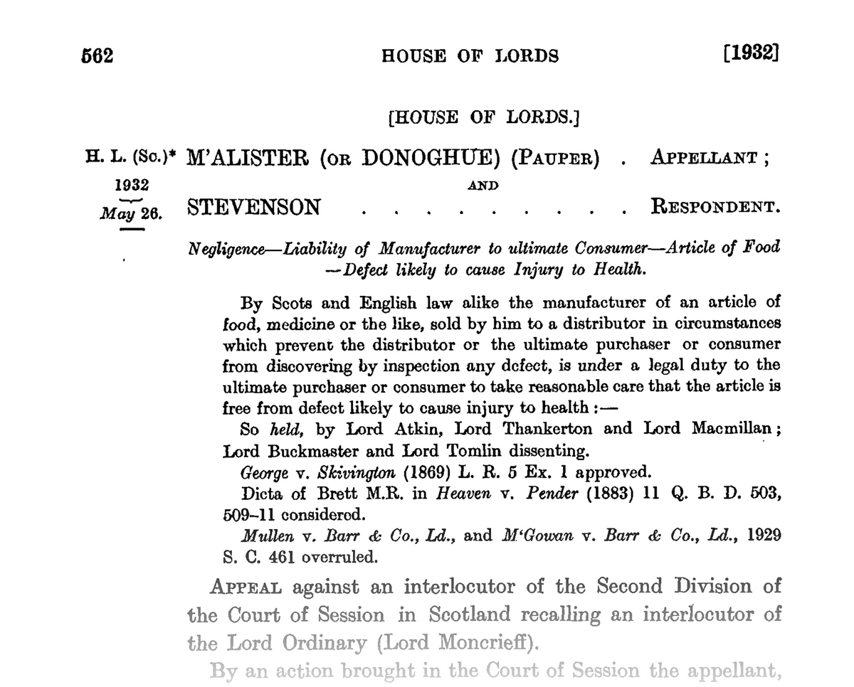 A scanned copy of the ruling in famous legal case Donoghue vs Stevenson