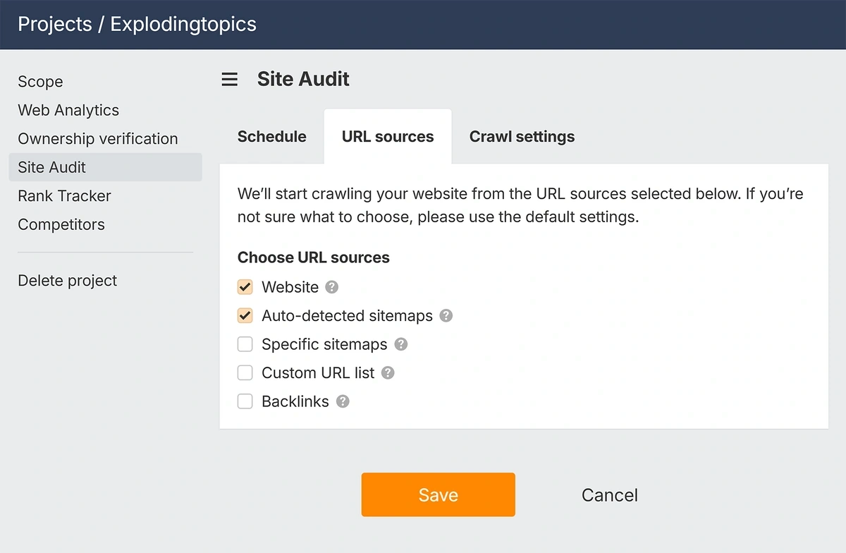 The Ahrefs interface prompts you to configure crawls and reports as needed