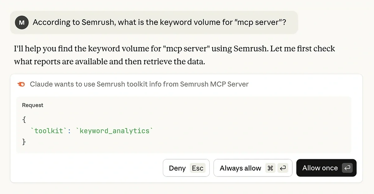 Allowing Claude to use the Semrush API