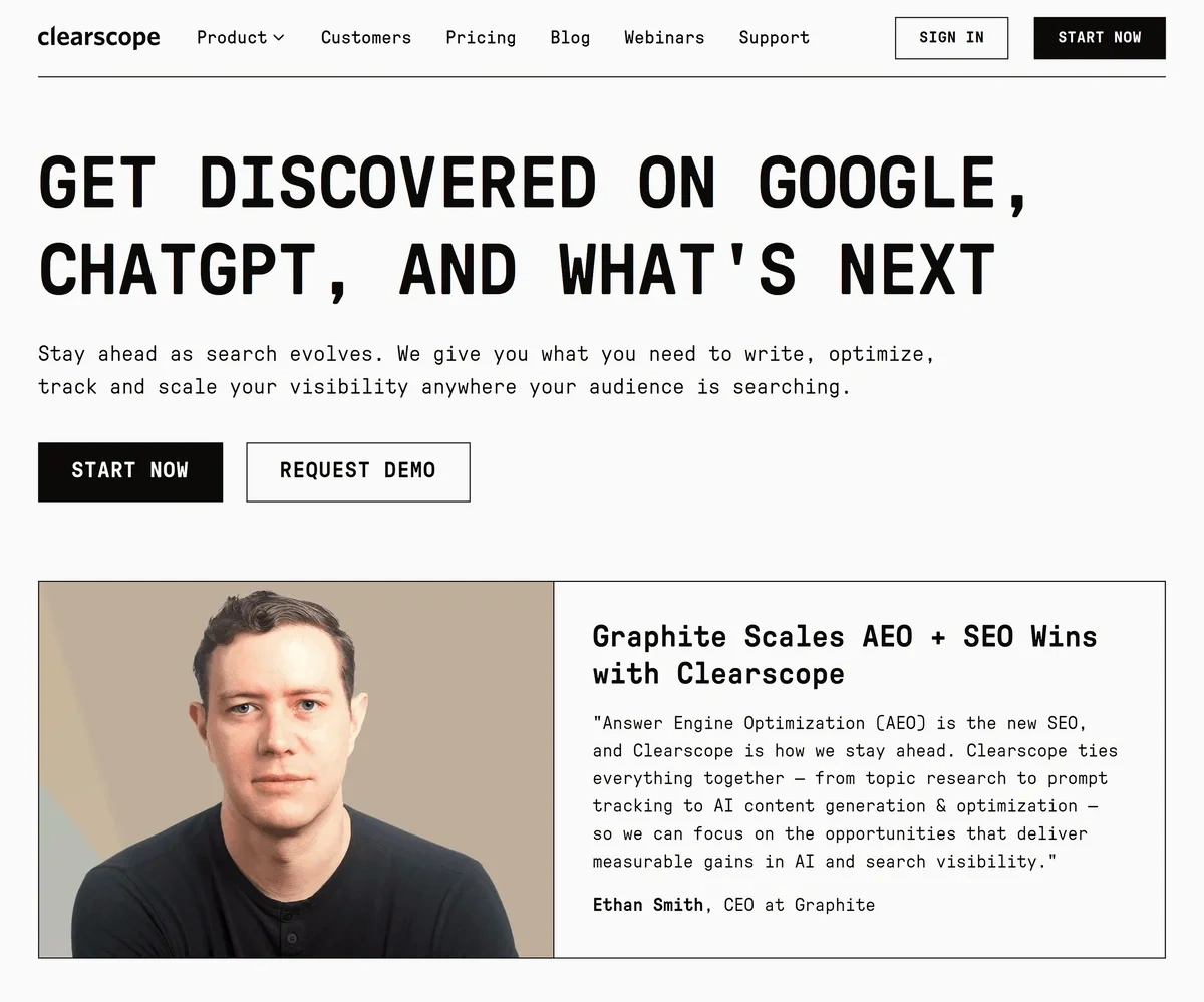 Clearscope homepage says "Get discovered on Google, ChatGPT, and what's next"