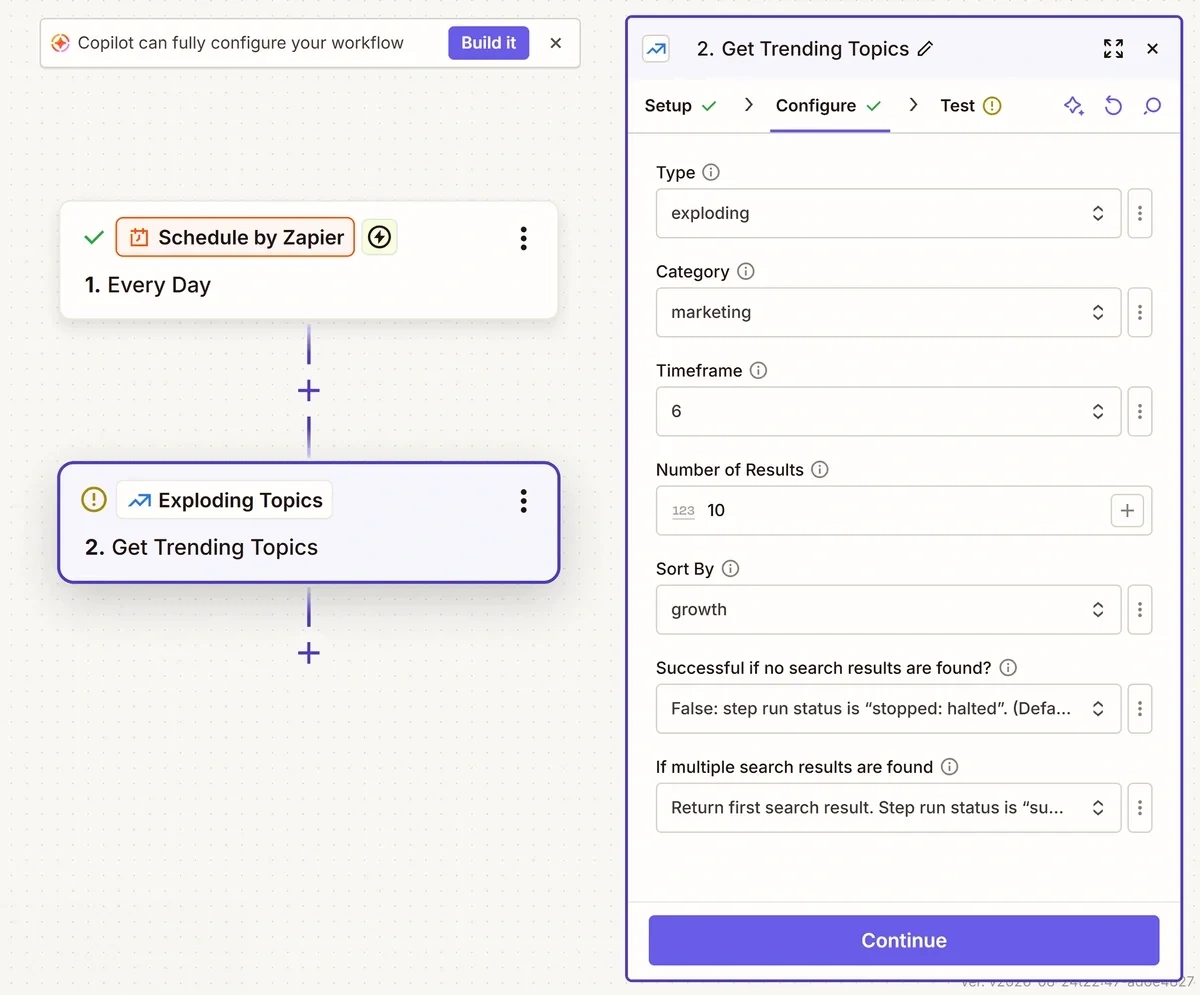 Exploding Topics filters setting in Zapier