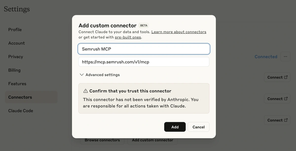 Semrush MCP server configuration as a custom connector