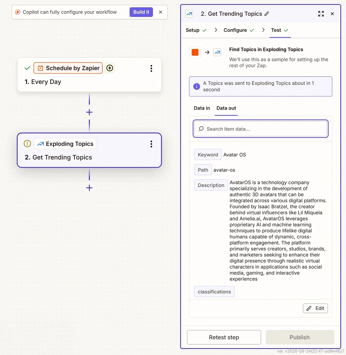 Exploding Topics test results in the Zapier workflow builder