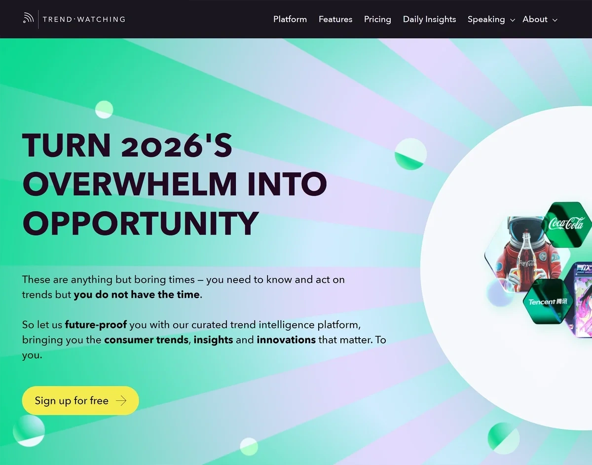 The brightly colored TrendWatching homepage advertises top trends of the year.