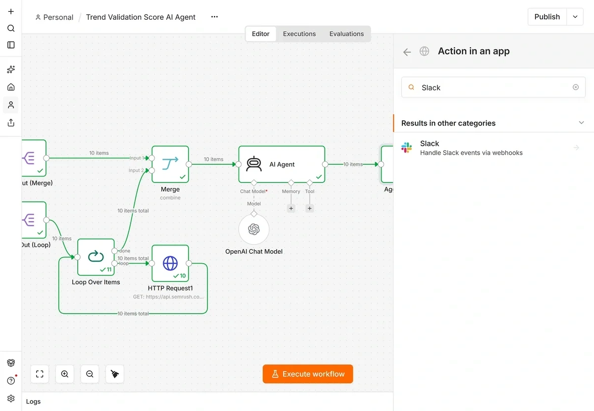Adding a Slack node in n8n