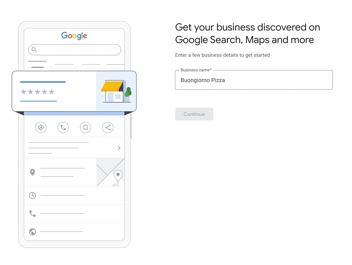 The Google Business Profile setup screen starts with a request for your business name.