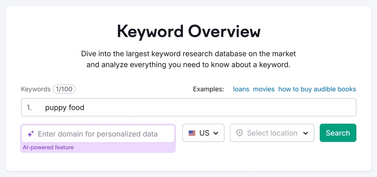 Search for a keyword in Semrush Keyword Overview