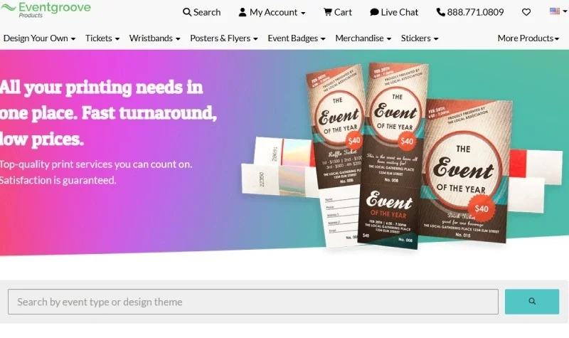 Eventgroove event printing and ticketing homepage with custom ticket designs