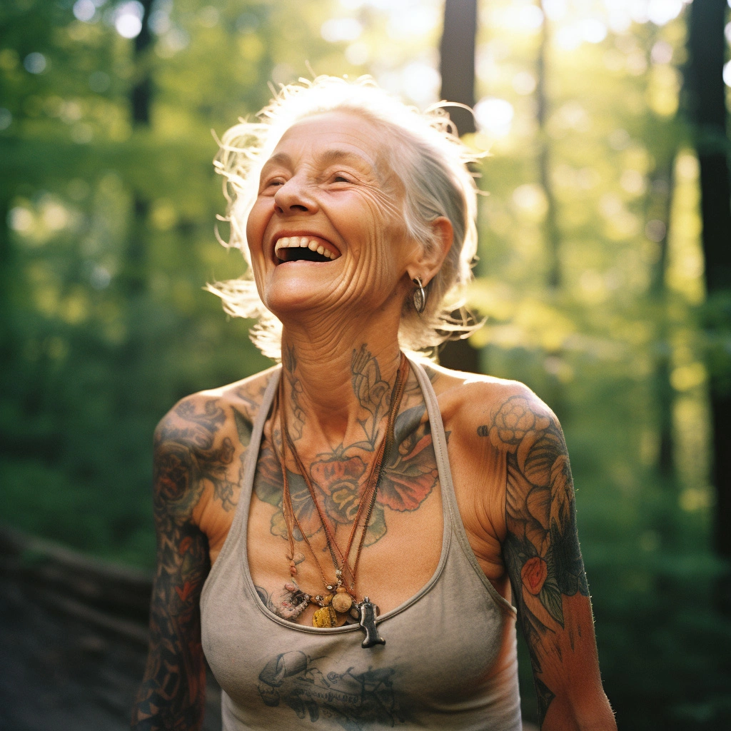 tattooed old woman at forest