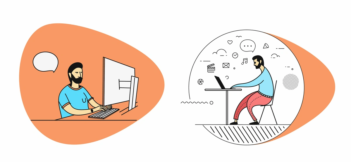 Illustration of two scenes: a person working at a computer, and the same person working at a standing desk with various activity icons.