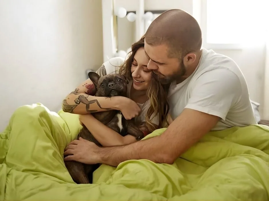 Young couple smiling and cuddling a brindle French Bulldog in an apartment bedroom