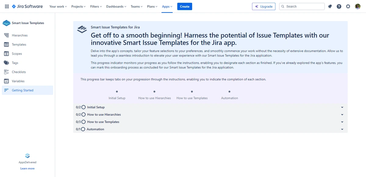 A more zoomed-out view of Jira Software's Smart Issue Templates introduction page, with a focus on getting started and automating templates.