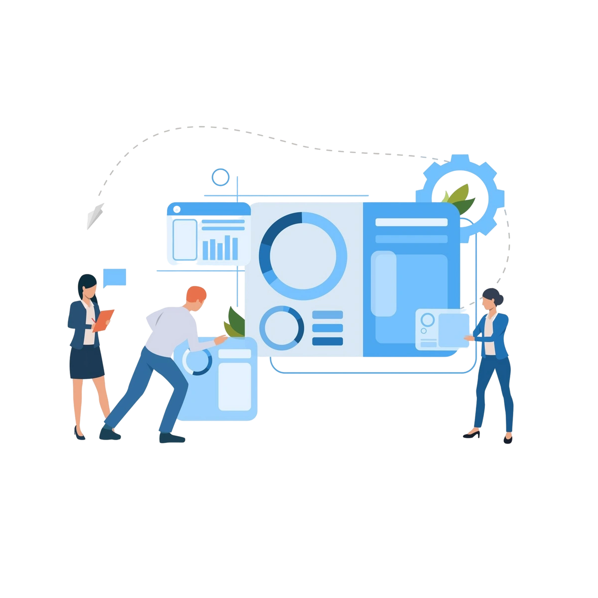 A digital illustration of three people interacting with a large data dashboard, symbolizing teamwork, data management, and process optimization.