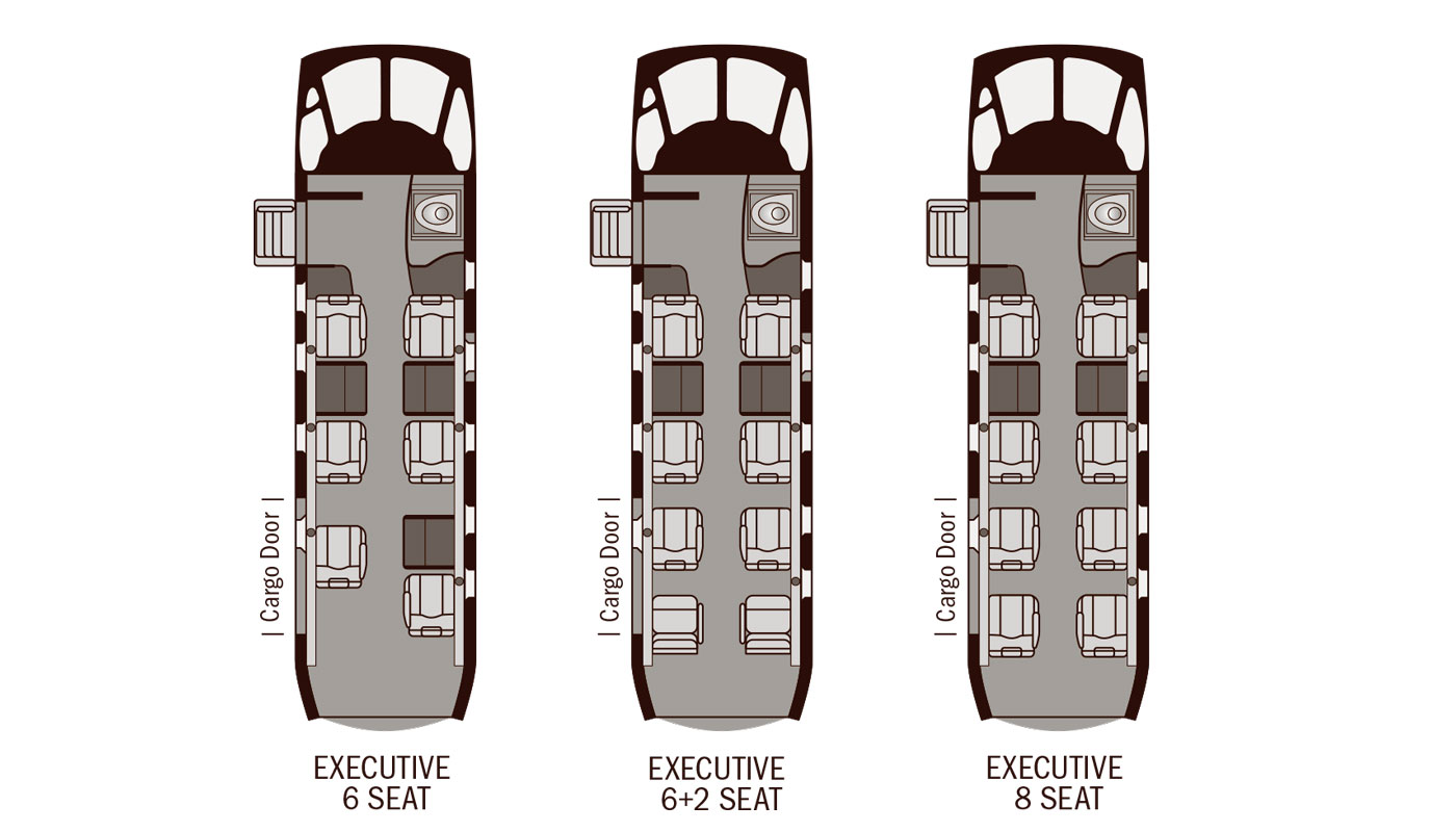 Pilatus PC-12 Cabin Layout. Three layouts are common in the PC-12 providing 6-8 seats. On some aircraft, a 9th seat is available in place of the lavatory. 