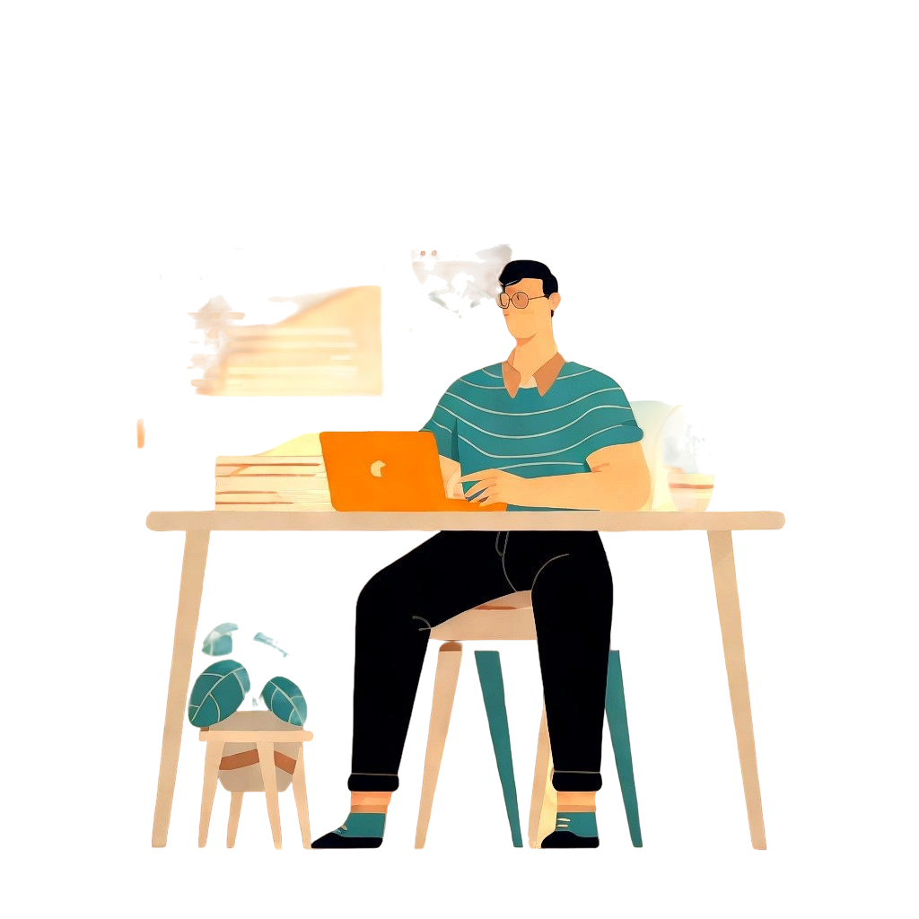 An illustration of a man at a desk using an orange laptop, with floating documents and a potted plant nearby.