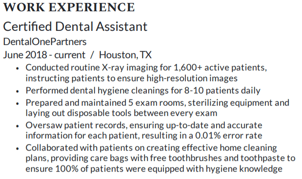 Work experience bullet points for a dental assistant resume