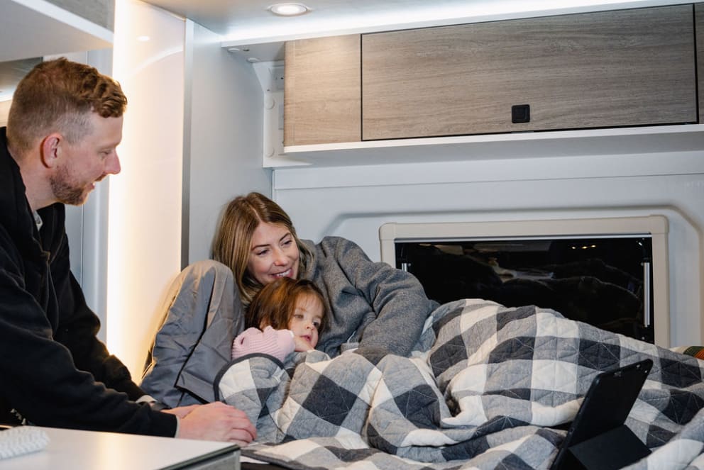 family hanging inside westfalia rv