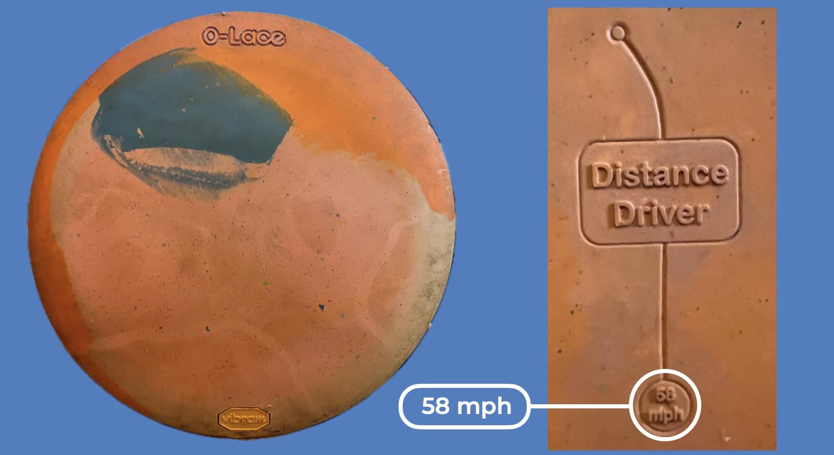 Top of a Vibram O-Lace on a blue background with a section of its back featuring ideal flight and release speed