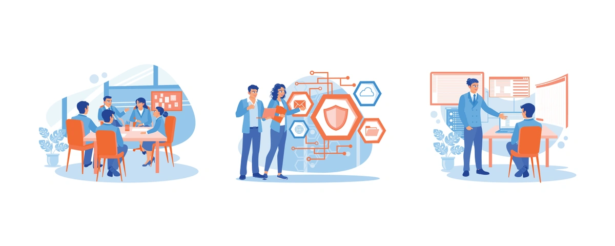 A sequence of illustrations showcasing office scenarios: a team meeting around a table, two colleagues discussing over a digital interface of hexagonal shapes, and a presentation being given in front of a digital screen.