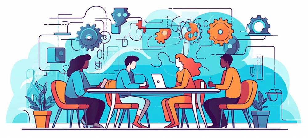 A vibrant illustration depicting a diverse group of four people collaborating around a table, with gears and digital icons floating above, representing brainstorming and teamwork in a tech environment.