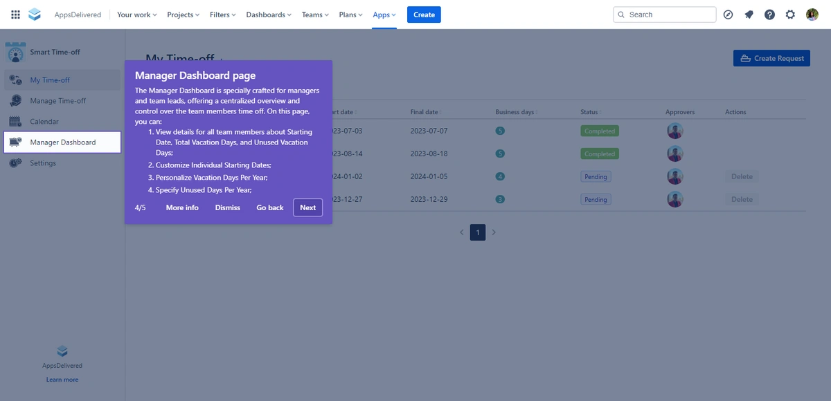 A view of a manager's dashboard page on a time-off management system displaying a list of time-off requests and their statuses.