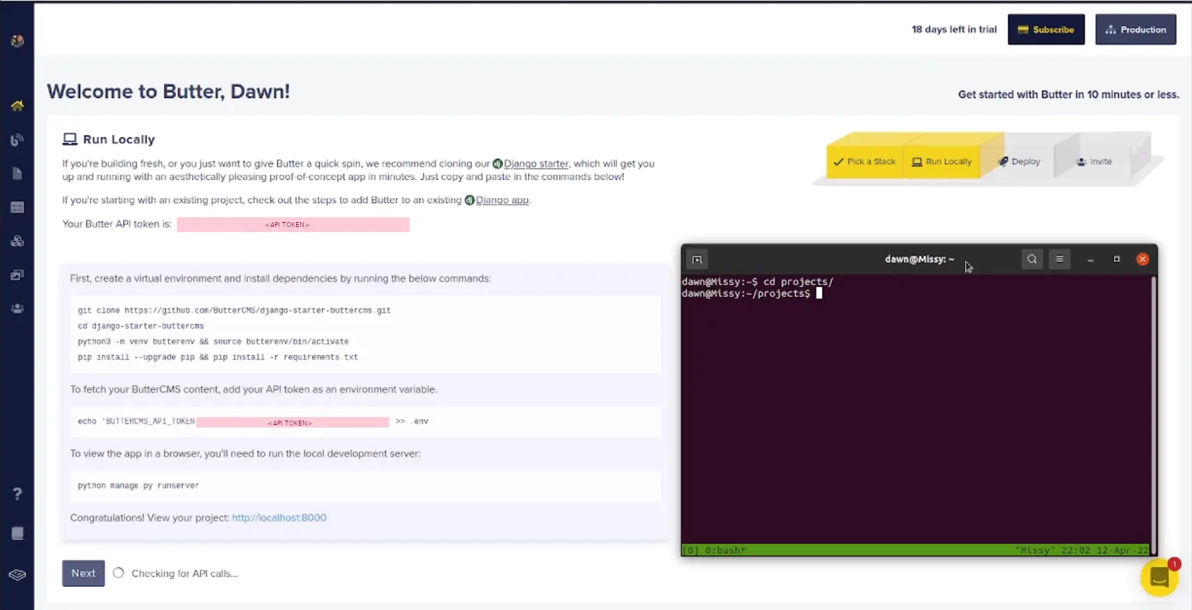 Run locally step of ButterCMS onboarding sequence