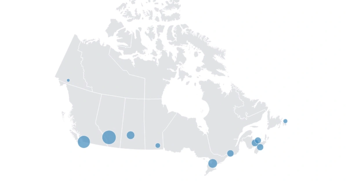 Blue dots on map indicating the most popular courses in each Canadian province and territory