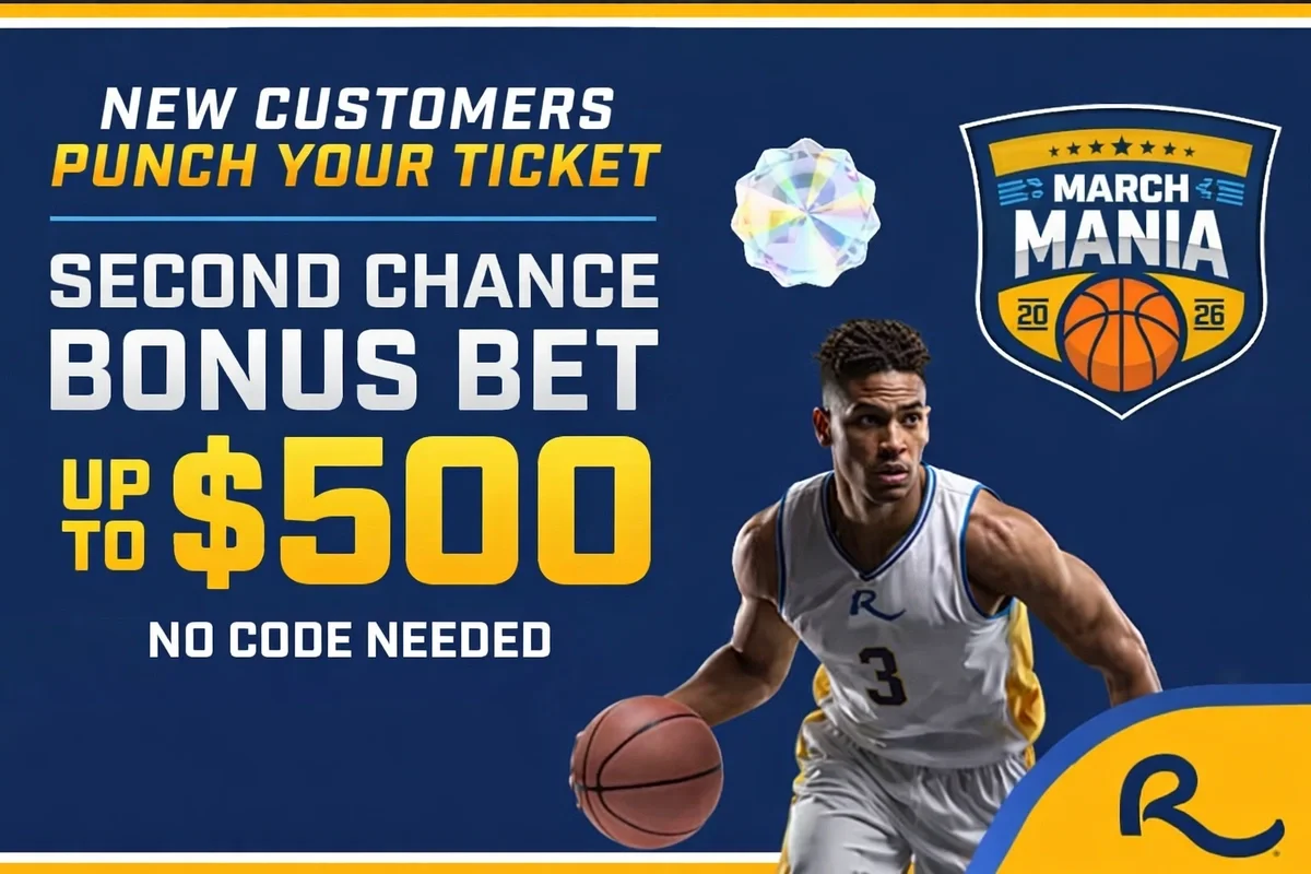 March Mania sportsbook promotion graphic featuring a basketball player, offering a &ldquo;Second Chance Bonus Bet&rdquo; up to $500 for new customers with no code needed.