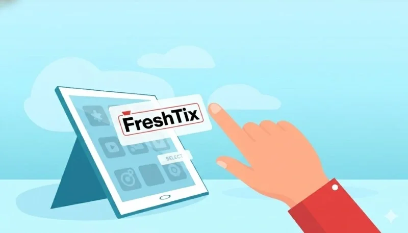 Illustration of a hand selecting the FreshTix app on a tablet for event ticketing