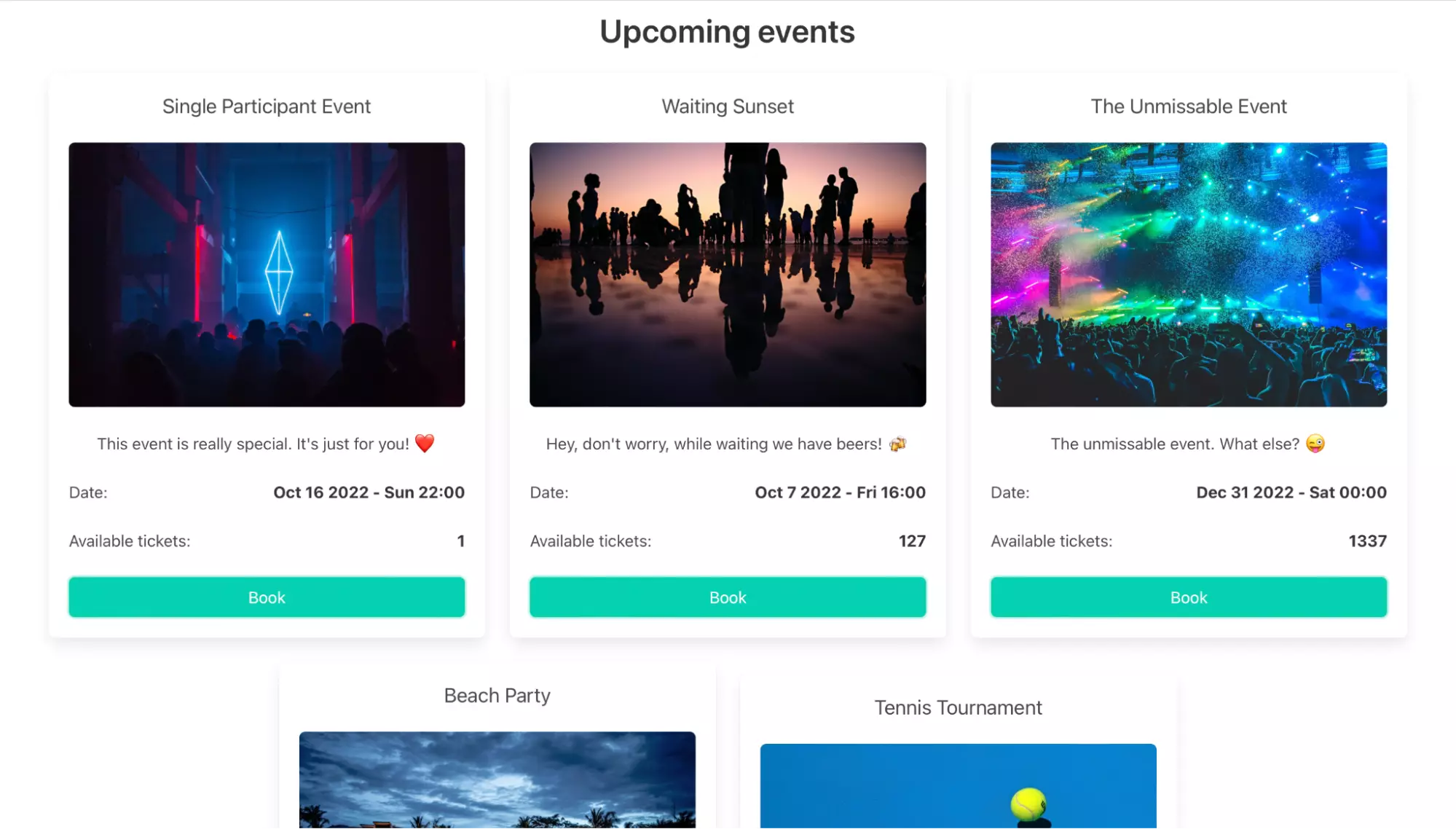 Upcoming events page rendered. 