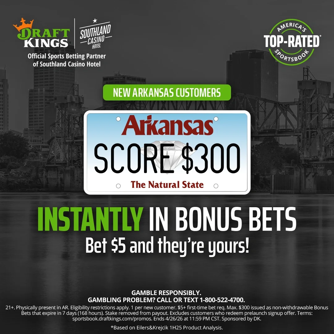 DraftKings Arkansas promo banner offering bet $5 get $300 in bonus bets instantly for new Arkansas customers