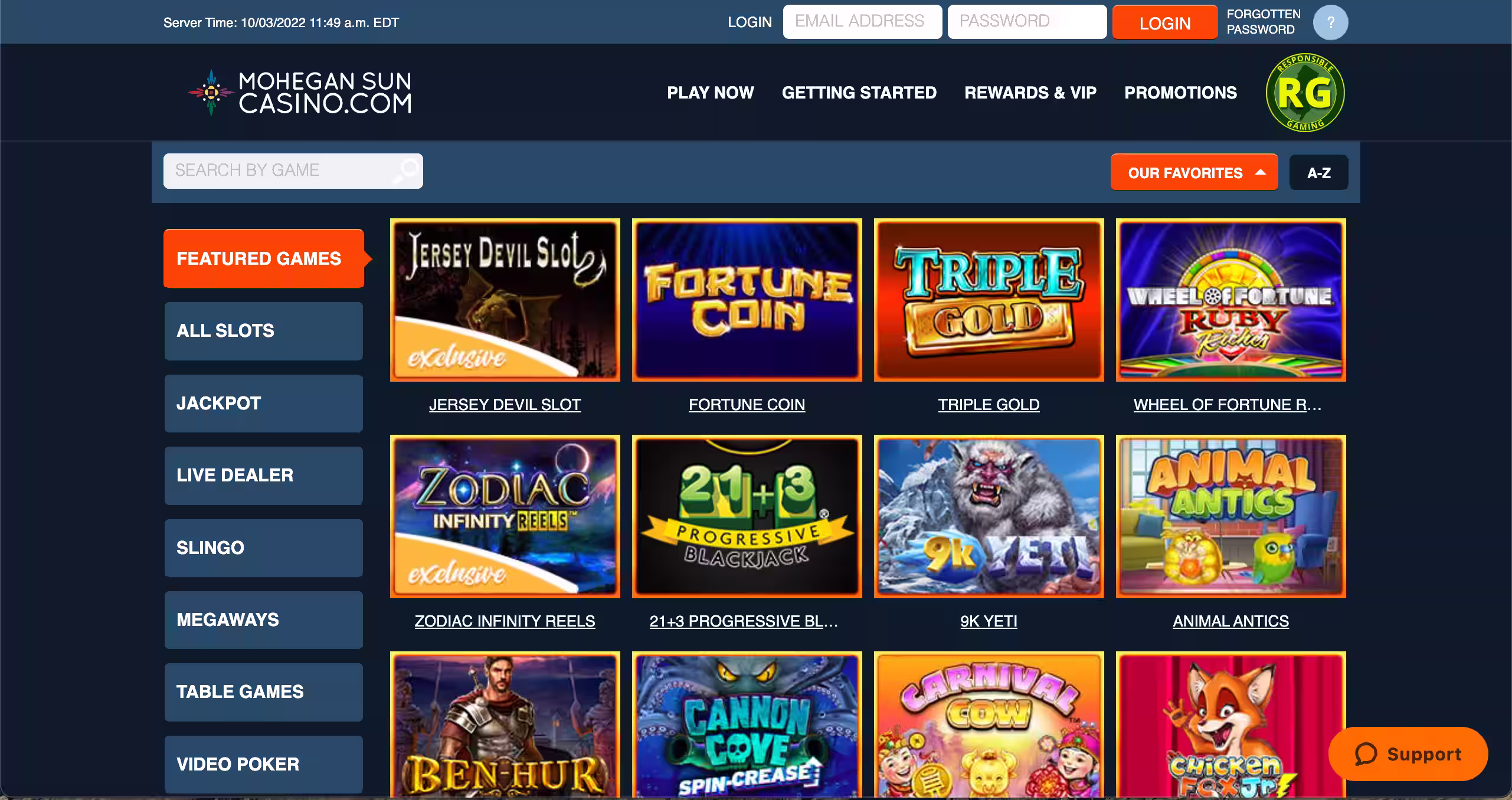 Mohegan Sun Casino web homepage