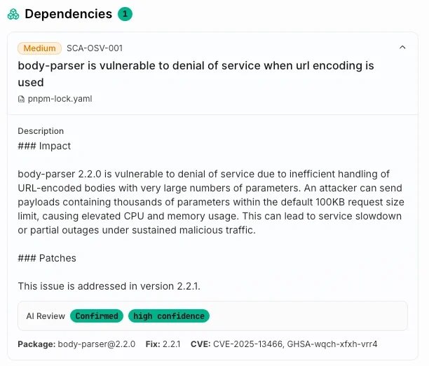 An example of a dependency detected with a description indicating its impact and any patches to address the issue.