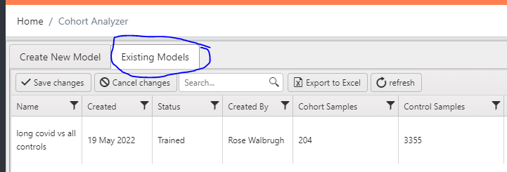 Select existing models tab