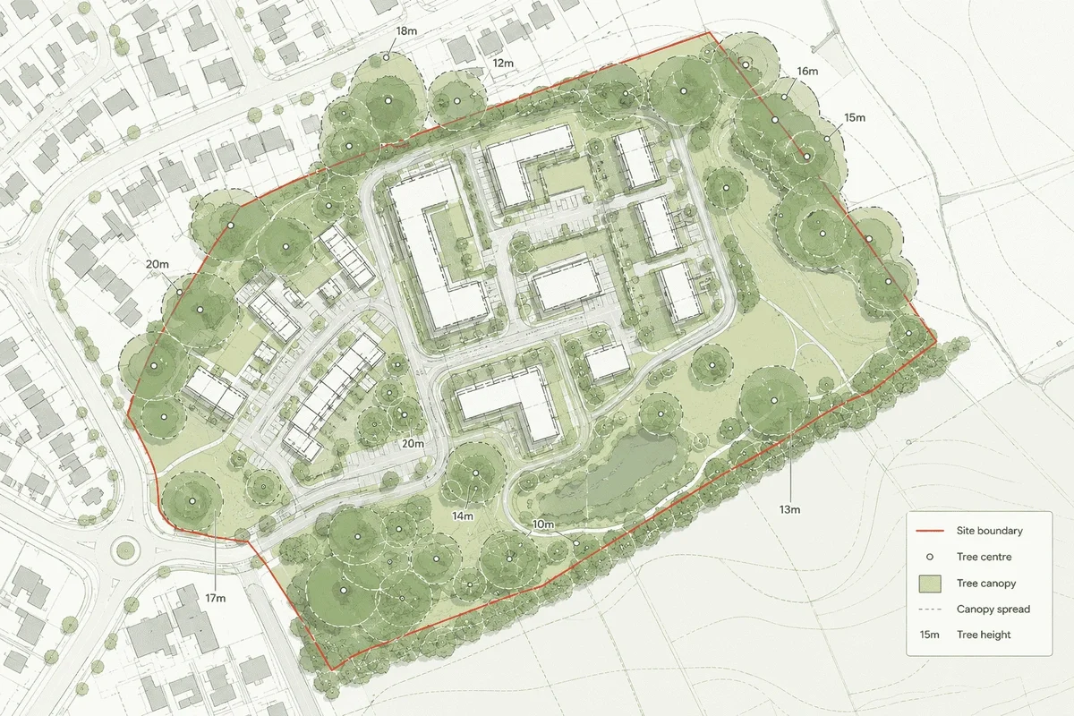 Tree constraints map showing canopy spread, tree positions and site boundary for planning analysis.