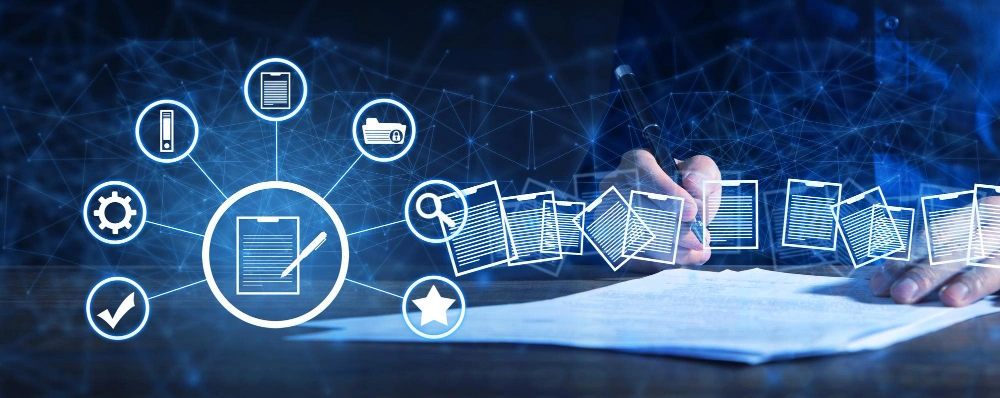 A photo of a hand signing a document with digital icons representing various business elements like settings, documents, and search, signifying digital management or smart contract technology.